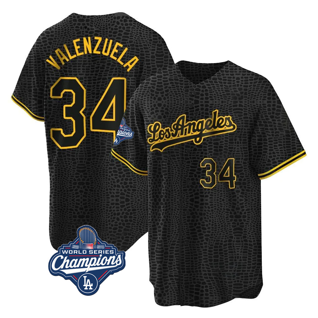 Trusc LA.Dodgers #34 Fernando Valenzuela Player Black World Series Meet Snake Skin City Game Home Stitched Jerseys