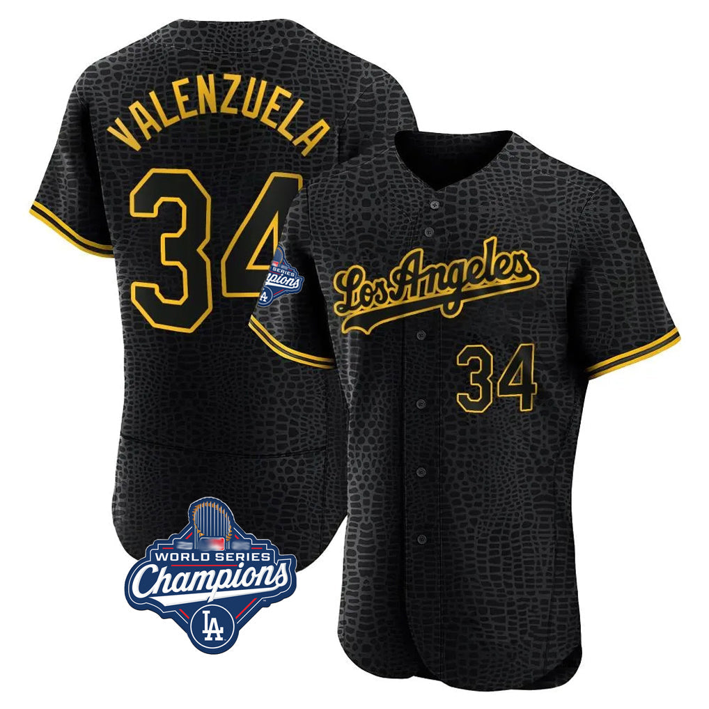 Trusc LA.Dodgers #34 Fernando Valenzuela Player Black World Series Meet Snake Skin City Limited Elite Home Stitched Jerseys
