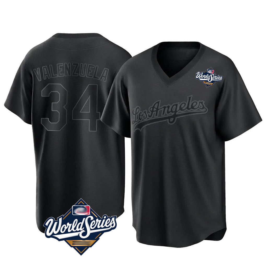 Trusc LA.Dodgers #34 Fernando Valenzuela Player Black World Series Pitch Fashion T-shirt Stitched Jerseys