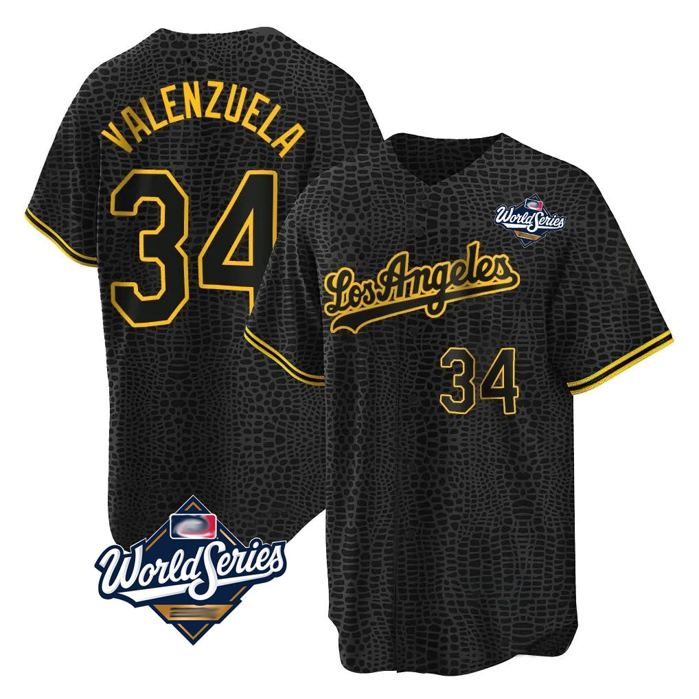 Trusc LA.Dodgers #34 Fernando Valenzuela Player Black World Series Snake Skin City Game Home Stitched Jerseys