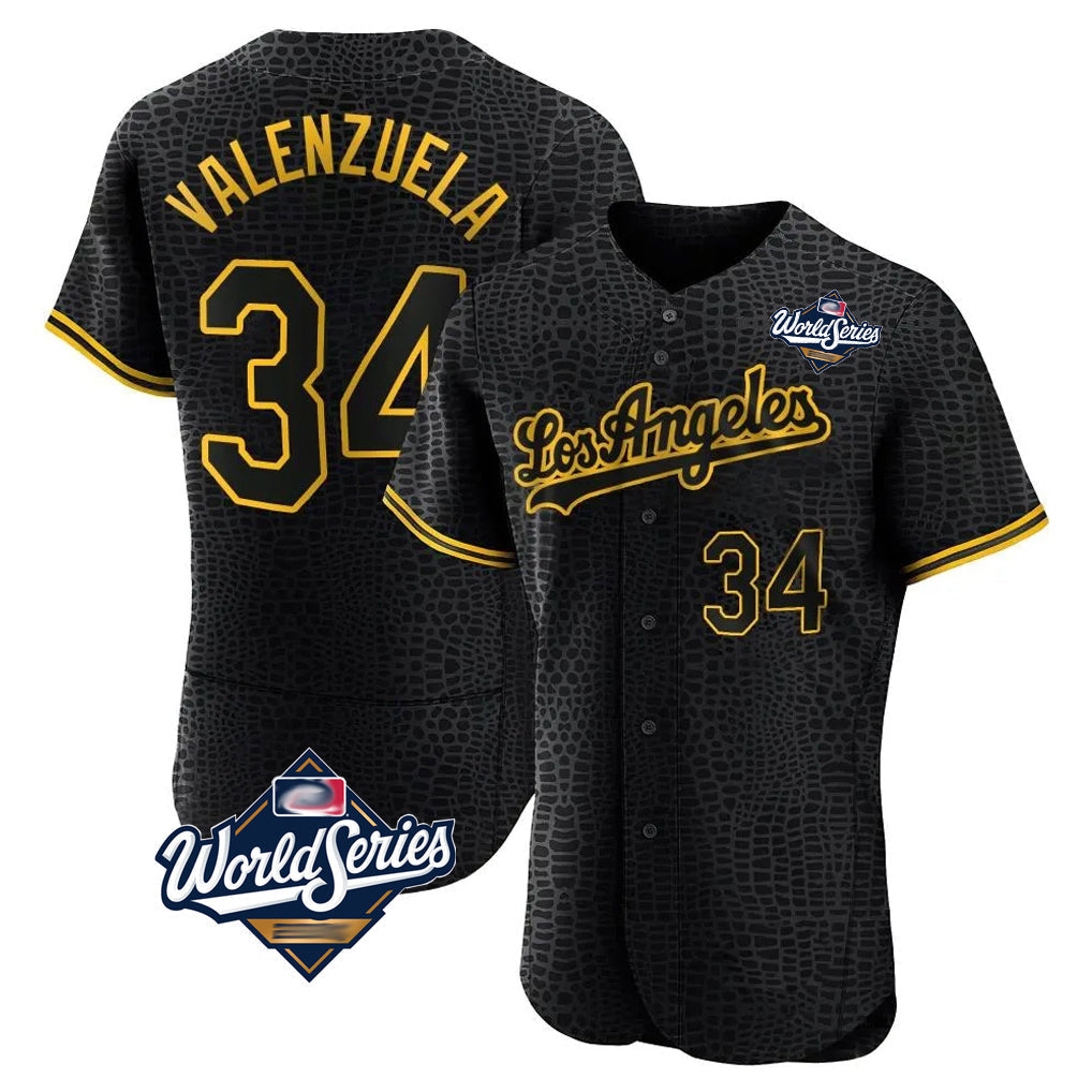 Trusc LA.Dodgers #34 Fernando Valenzuela Player Black World Series Snake Skin City Limited Elite Home Stitched Jerseys