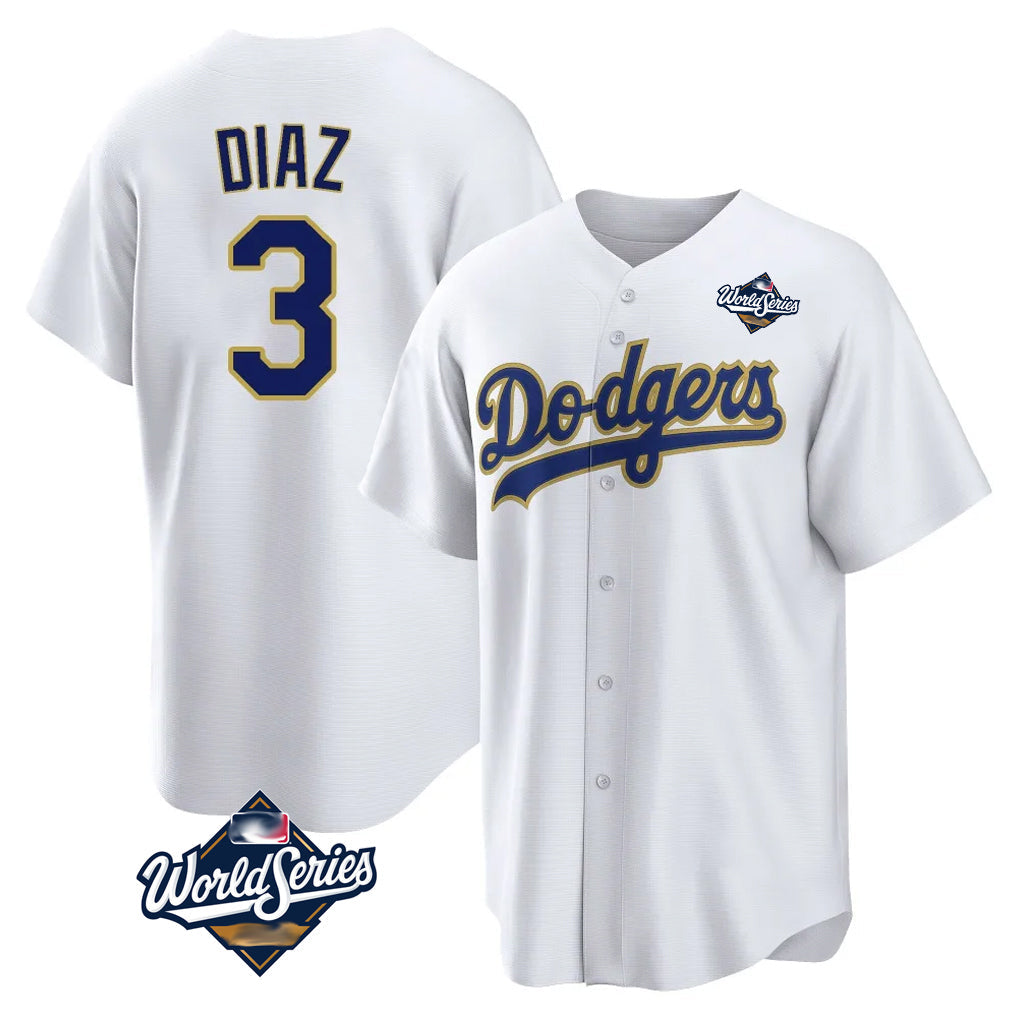 Trusc LA.Dodgers #3 Edwin D¡§aaz Player Gold White World Series 2026 Collection Stadium Game Stitched Jerseys