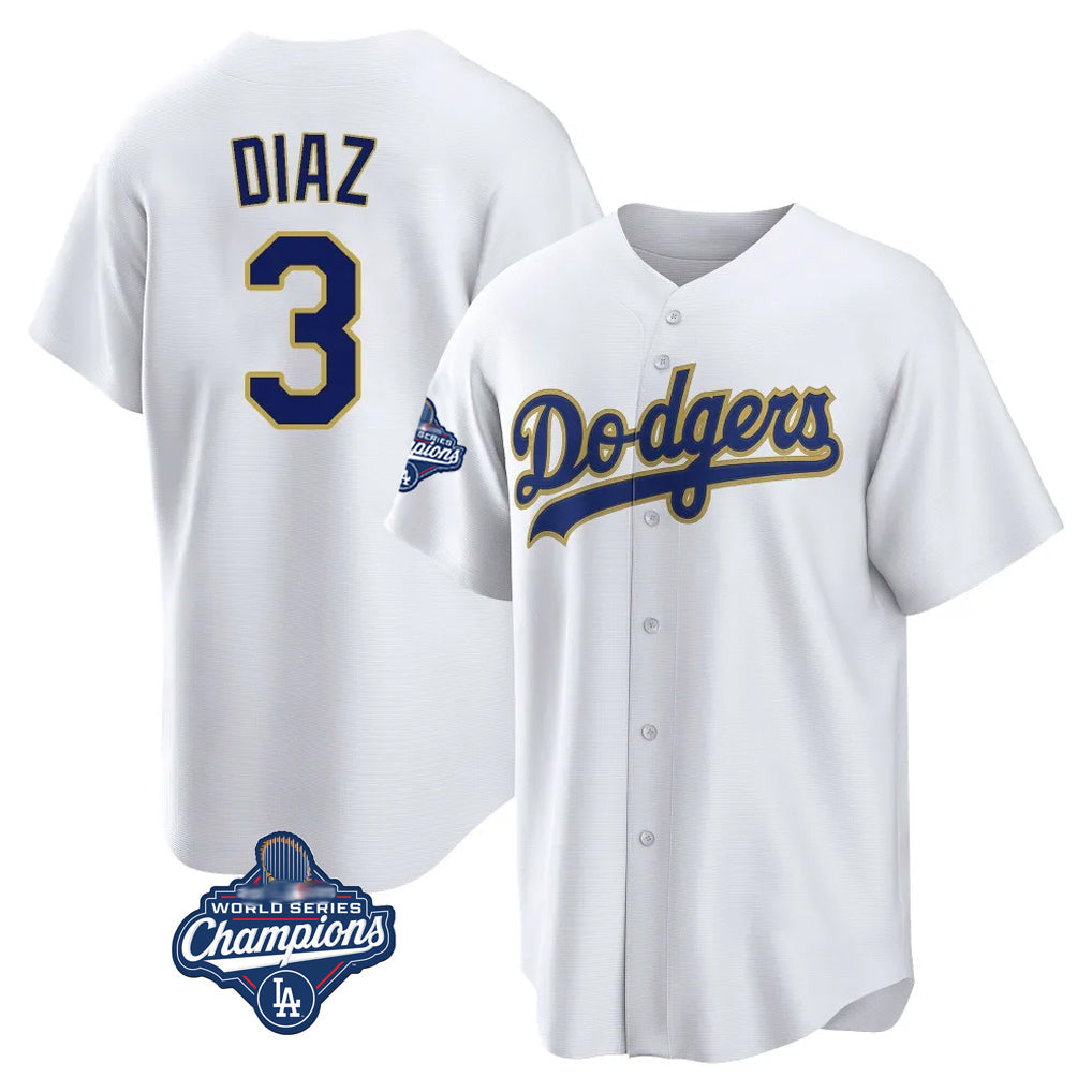 Trusc LA.Dodgers #3 Edwin D¡§aaz Player Gold White World Series Meet 2026 Collection Stadium Game Stitched Jerseys