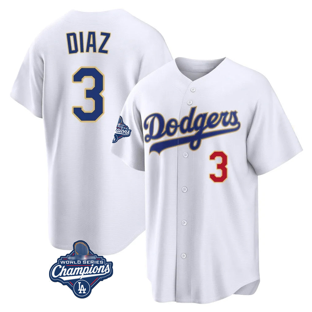 Trusc LA.Dodgers #3 Edwin D¡§aaz Player Gold White World Series Meet 2026 Collection Stadium Limited Stitched Jerseys