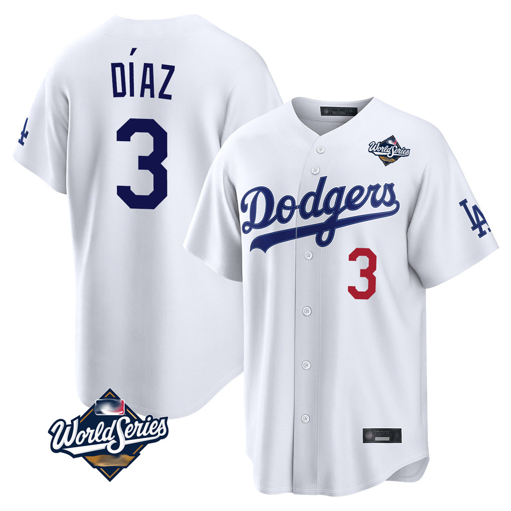 Trusc LA.Dodgers #3 Edwin D¡§aaz Player White World Series Home Game Stitched Jerseys