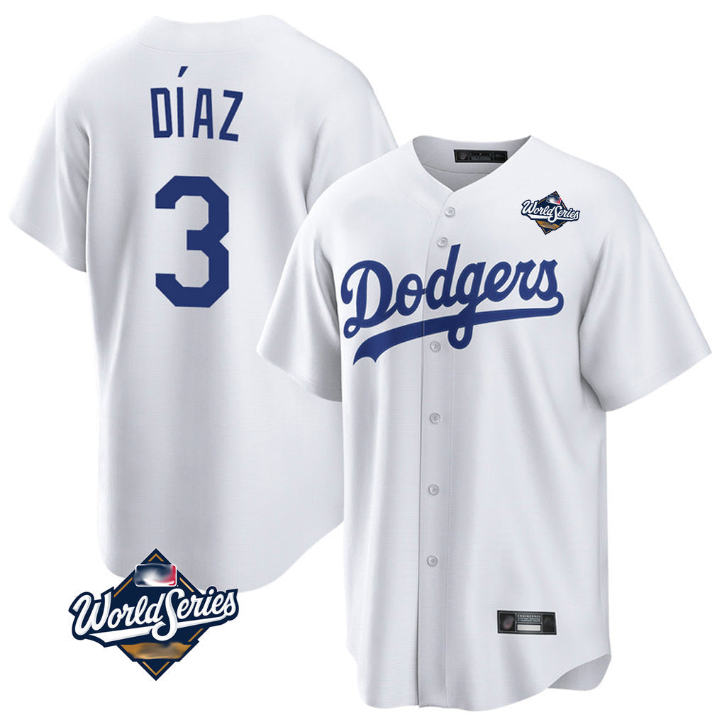 Trusc LA.Dodgers #3 Edwin D¡§aaz Player White World Series Meet Game Home Stitched Jerseys