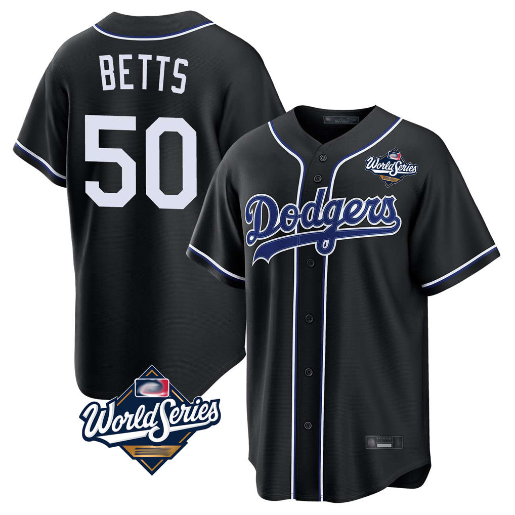 Trusc LA.Dodgers #50 Mookie Betts Player Black World Series Carbon Limited Home Stitched Jerseys