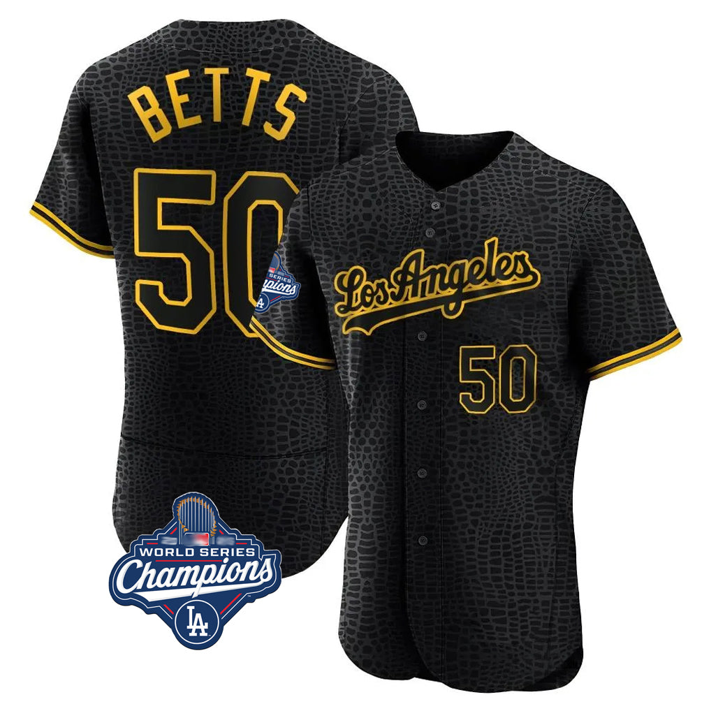 Trusc LA.Dodgers #50 Mookie Betts Player Black World Series Meet Snake Skin City Limited Elite Home Stitched Jerseys