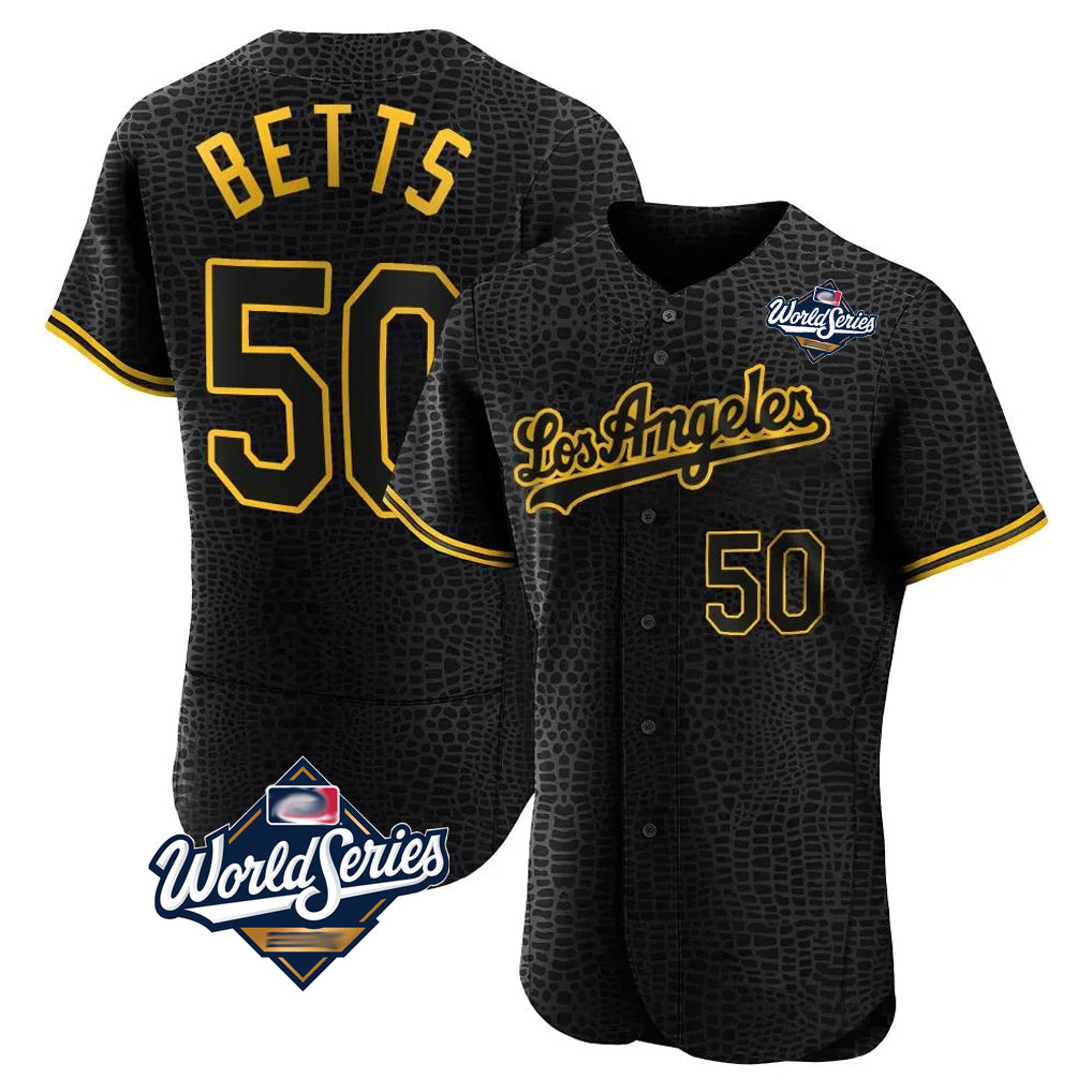 Trusc LA.Dodgers #50 Mookie Betts Player Black World Series Snake Skin City Limited Elite Home Stitched Jerseys