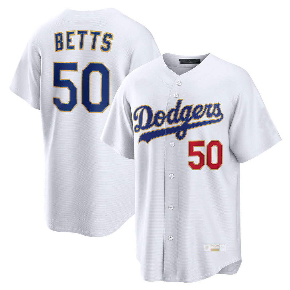 Trusc LA.Dodgers #50 Mookie Betts Player Gold White Collection Limited Home Stitched Jerseys