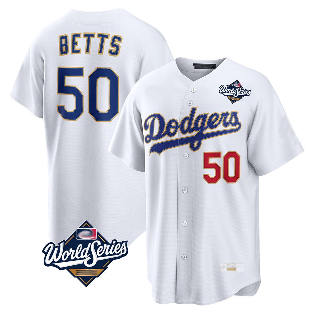 Trusc LA.Dodgers #50 Mookie Betts Player Gold White World Series Collection Limited Home Stitched Jerseys