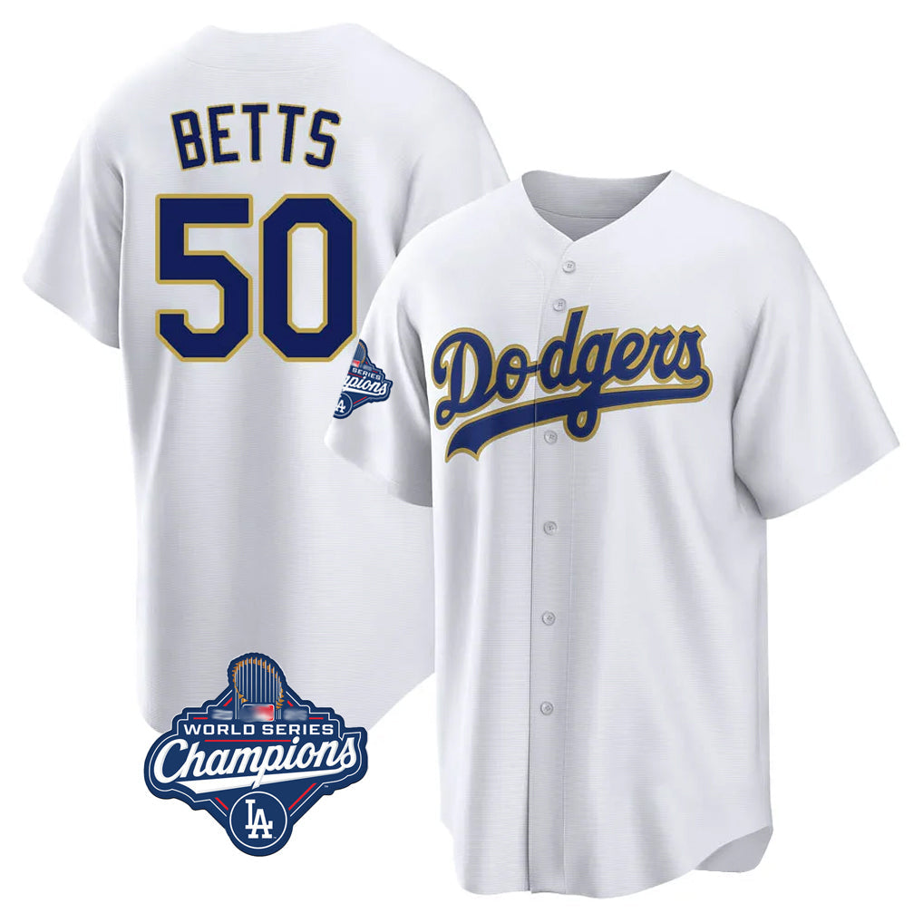 Trusc LA.Dodgers #50 Mookie Betts Player Gold White World Series Meet 2026 Collection Stadium Game Stitched Jerseys