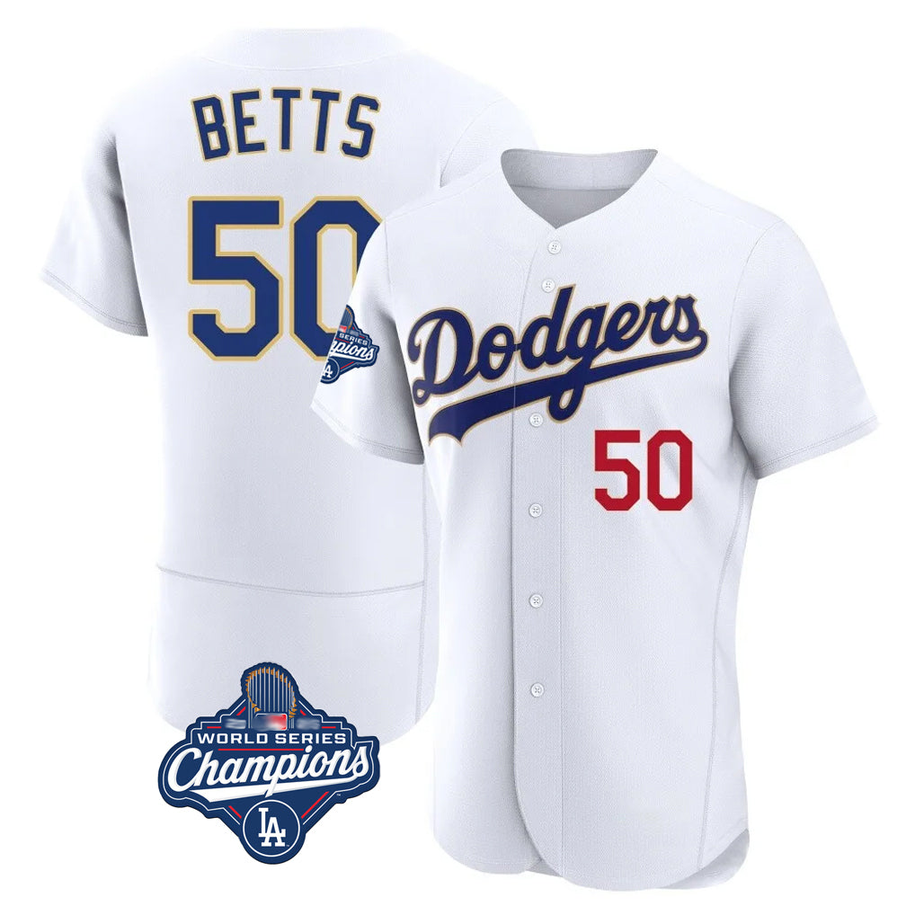 Trusc LA.Dodgers #50 Mookie Betts Player Gold White World Series Meet 2026 Collection Stadium Limited Elite Stitched Jerseys