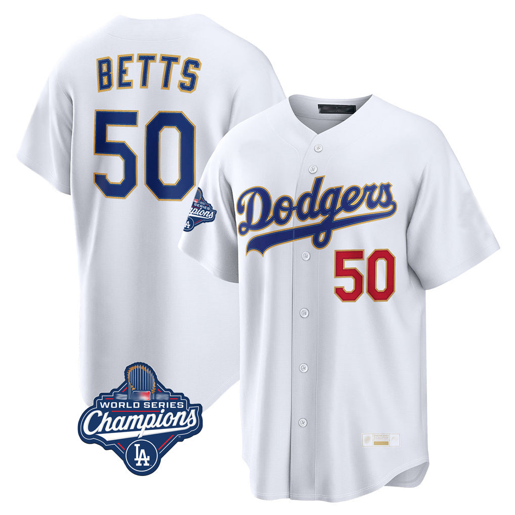 Trusc LA.Dodgers #50 Mookie Betts Player Gold White World Series Meet Collection Limited Home Stitched Jerseys