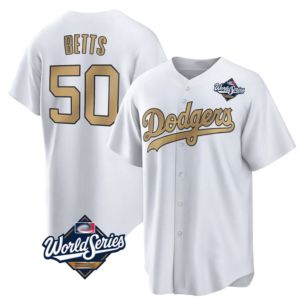 Trusc LA.Dodgers #50 Mookie Betts Player Gold World Series Collection Limited Home Stitched Jerseys
