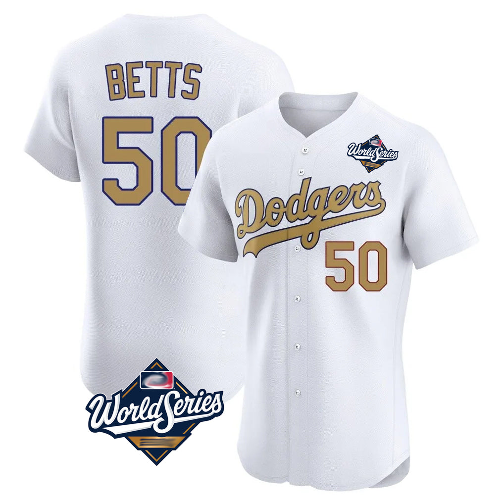 Trusc LA.Dodgers #50 Mookie Betts Player Gold World Series Limited Elite Home Stitched Jerseys