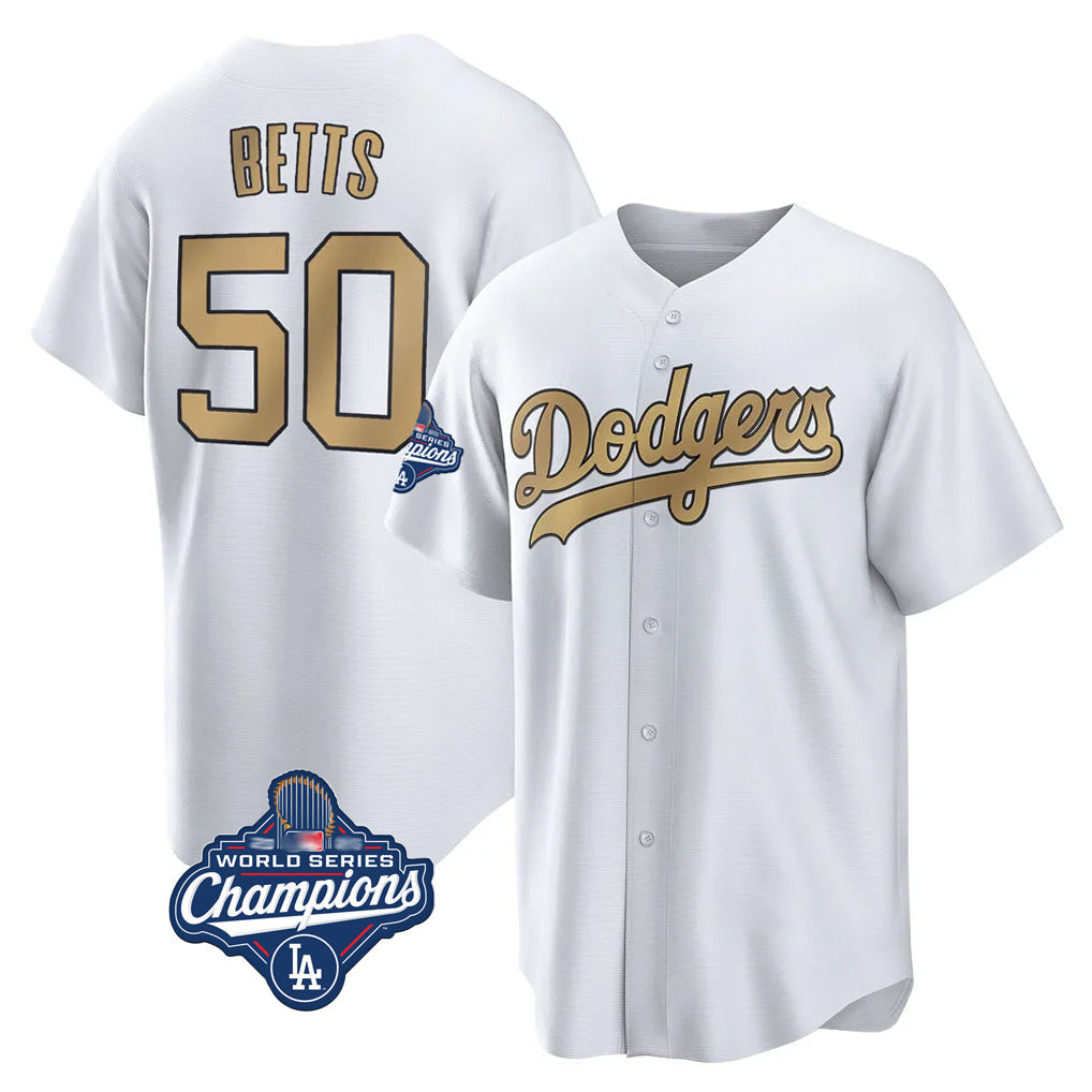 Trusc LA.Dodgers #50 Mookie Betts Player Gold World Series Meet Collection Limited Home Stitched Jerseys