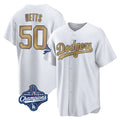 Trusc LA.Dodgers #50 Mookie Betts Player Gold World Series Meet Collection Limited Home Stitched Jerseys