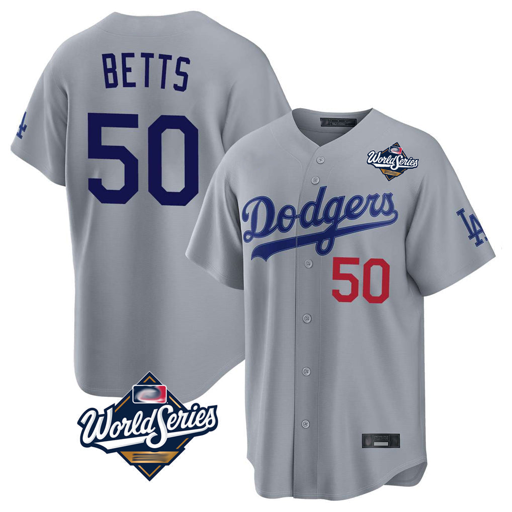 Trusc LA.Dodgers #50 Mookie Betts Player Gray World Series Game Home Stitched Jerseys