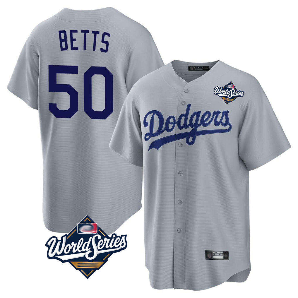 Trusc LA.Dodgers #50 Mookie Betts Player Gray World Series Game Stitched Jerseys