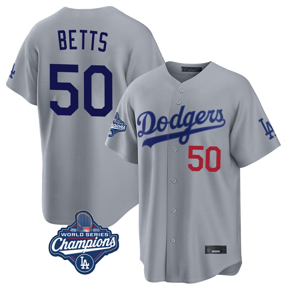 Trusc LA.Dodgers #50 Mookie Betts Player Gray World Series Meet Game Home Stitched Jerseys