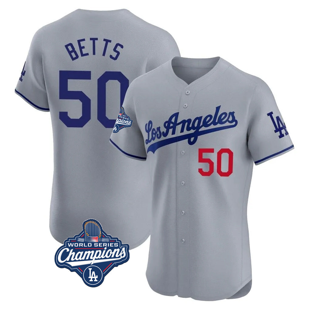 Trusc LA.Dodgers #50 Mookie Betts Player Gray World Series Meet Limited Elite Home Stitched Jerseys