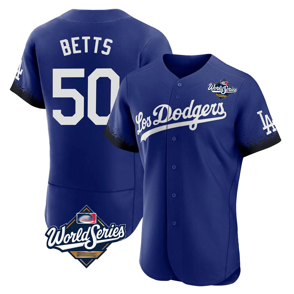 Trusc LA.Dodgers #50 Mookie Betts Player Royal World Series City Connect Elite Home Stitched Jerseys