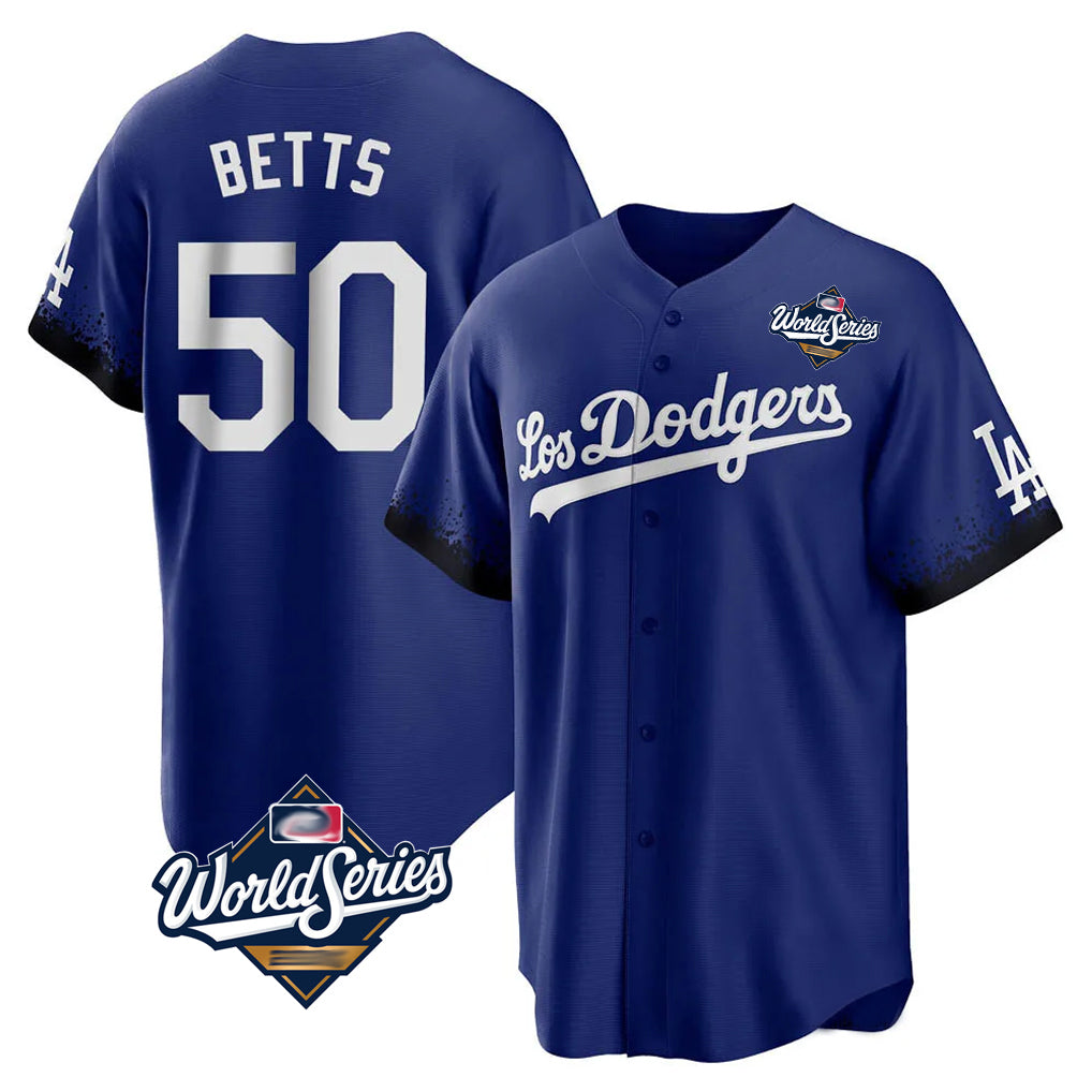 Trusc LA.Dodgers #50 Mookie Betts Player Royal World Series City Connect Home Game Stitched Jerseys