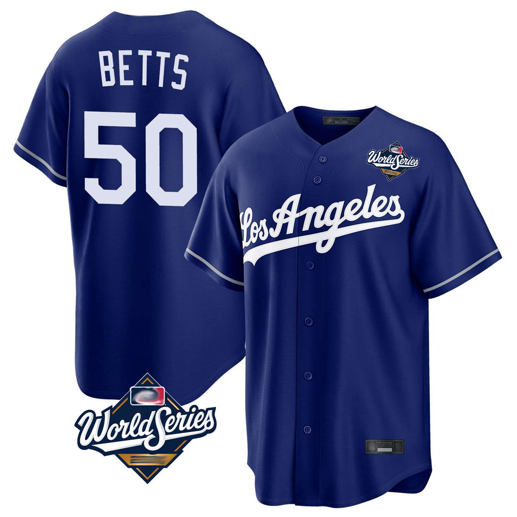 Trusc LA.Dodgers #50 Mookie Betts Player Royal World Series Game Stitched Jerseys