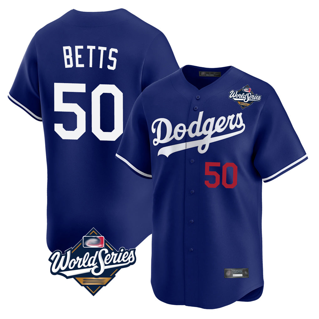 Trusc LA.Dodgers #50 Mookie Betts Player Royal World Series Limited Home Stitched Jerseys