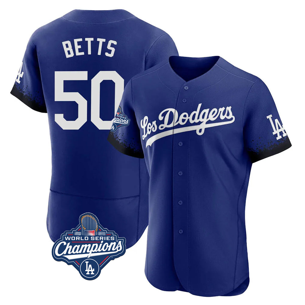 Trusc LA.Dodgers #50 Mookie Betts Player Royal World Series Meet City Connect Elite Home Stitched Jerseys