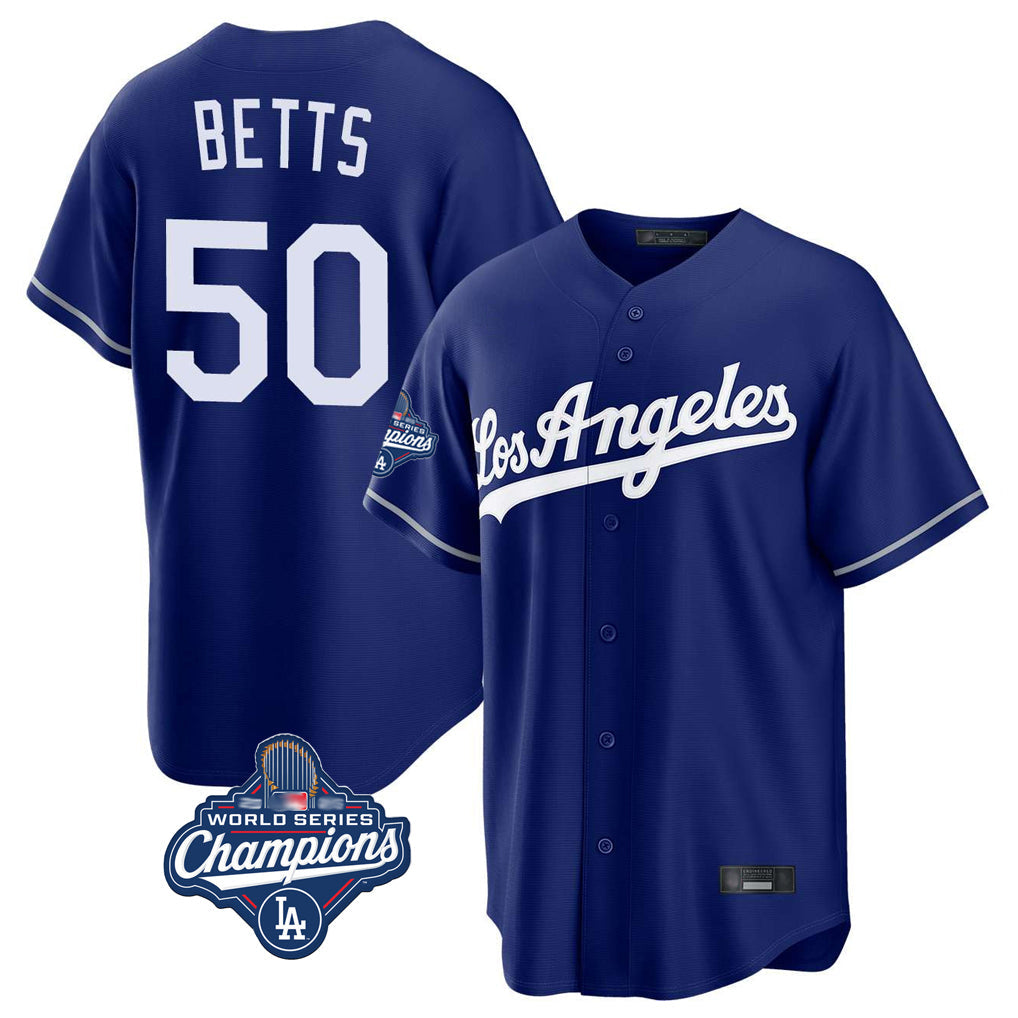 Trusc LA.Dodgers #50 Mookie Betts Player Royal World Series Meet Game Stitched Jerseys