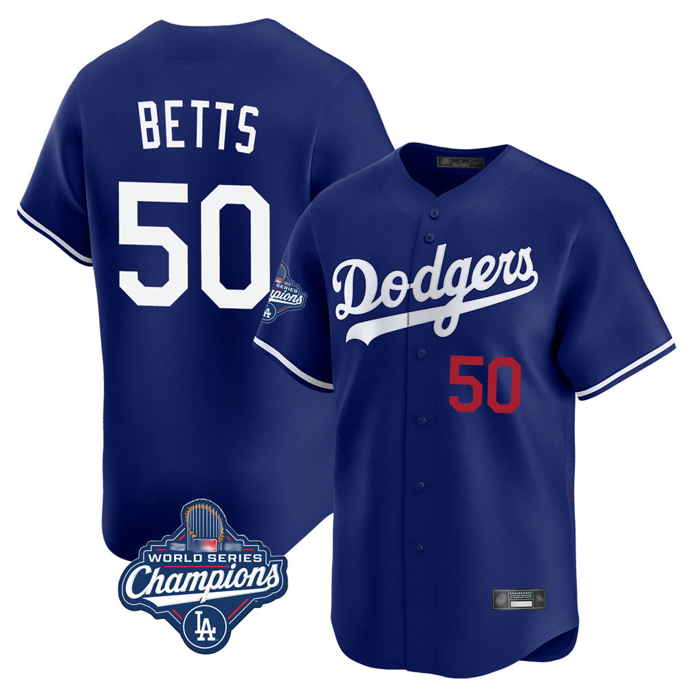 Trusc LA.Dodgers #50 Mookie Betts Player Royal World Series Meet Limited Home Stitched Jerseys