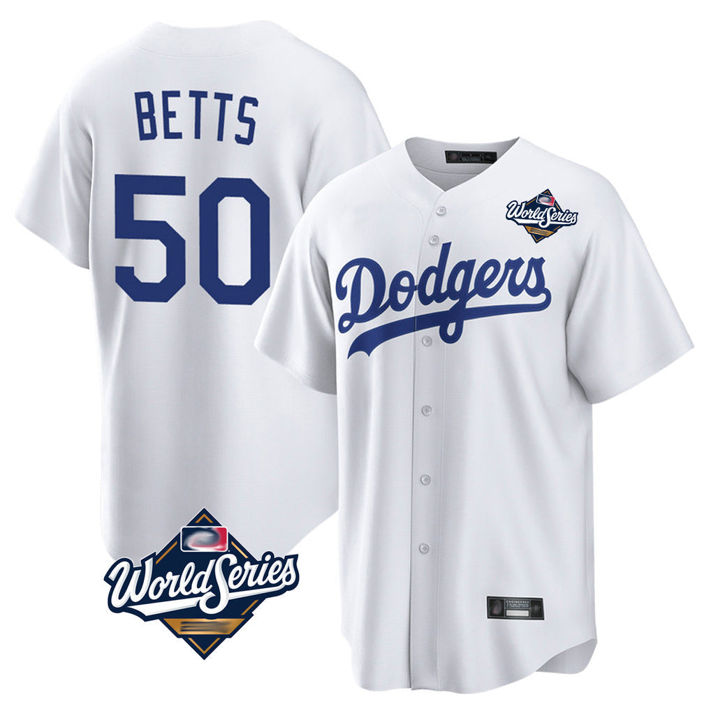 Trusc LA.Dodgers #50 Mookie Betts Player White World Series Game Home Stitched Jerseys