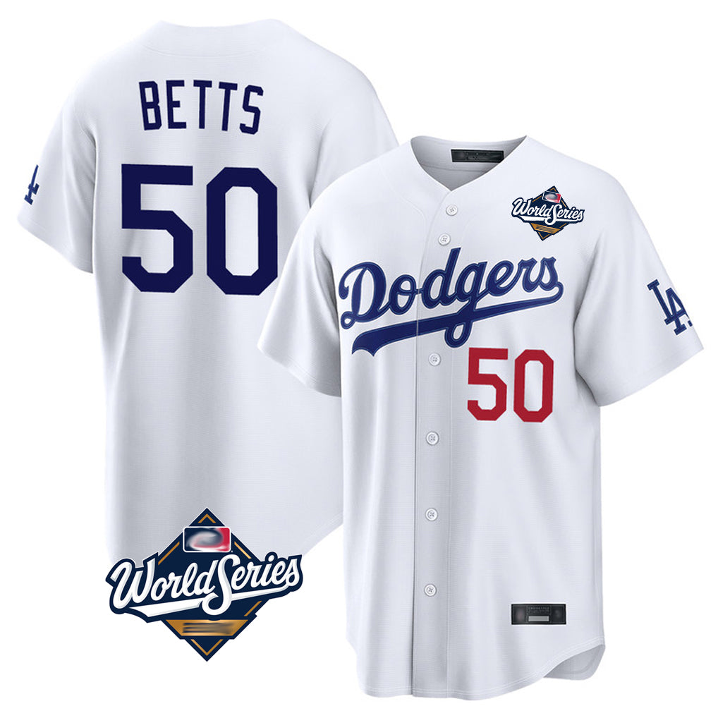 Trusc LA.Dodgers #50 Mookie Betts Player White World Series Home Game Stitched Jerseys