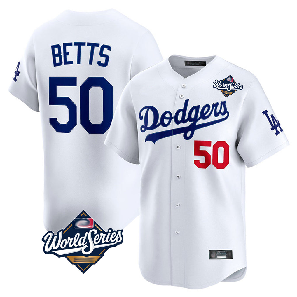 Trusc LA.Dodgers #50 Mookie Betts Player White World Series Limited Home Stitched Jerseys