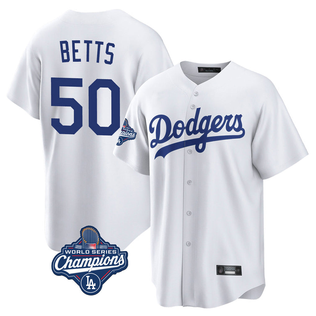 Trusc LA.Dodgers #50 Mookie Betts Player White World Series Meet Game Home Stitched Jerseys