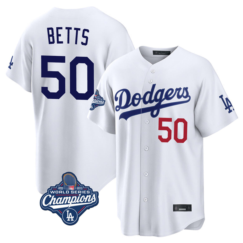 Trusc LA.Dodgers #50 Mookie Betts Player White World Series Meet Home Game Stitched Jerseys