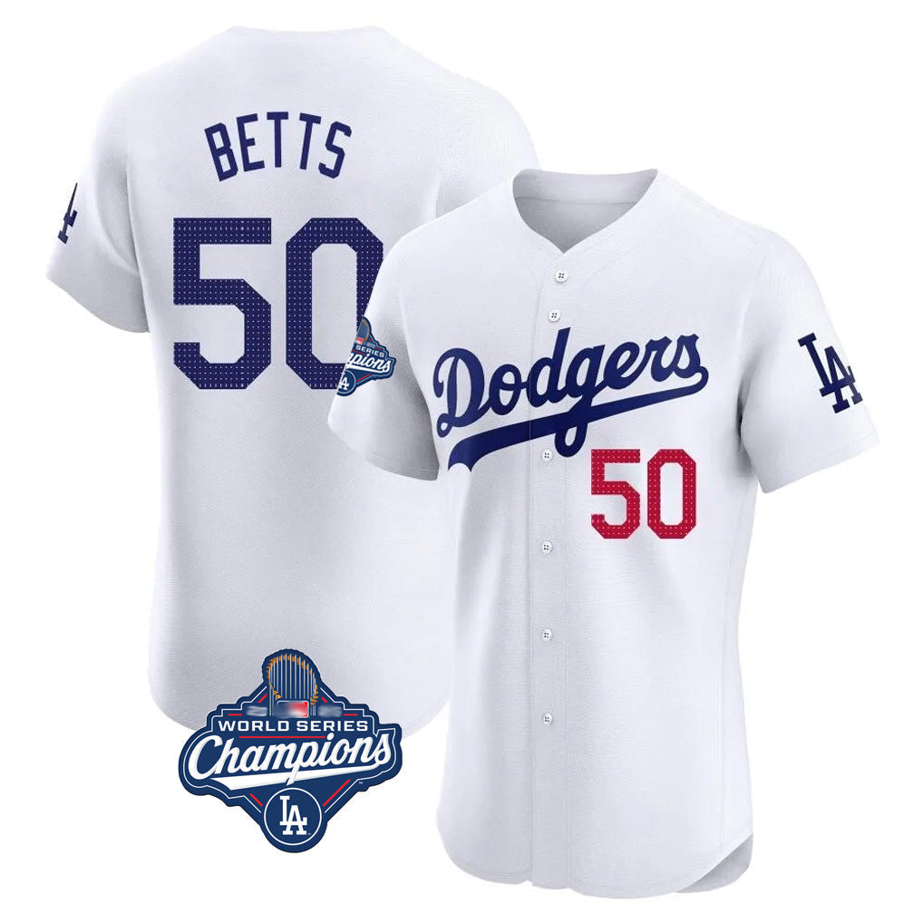Trusc LA.Dodgers #50 Mookie Betts Player White World Series Meet Limited Elite Home Stitched Jerseys