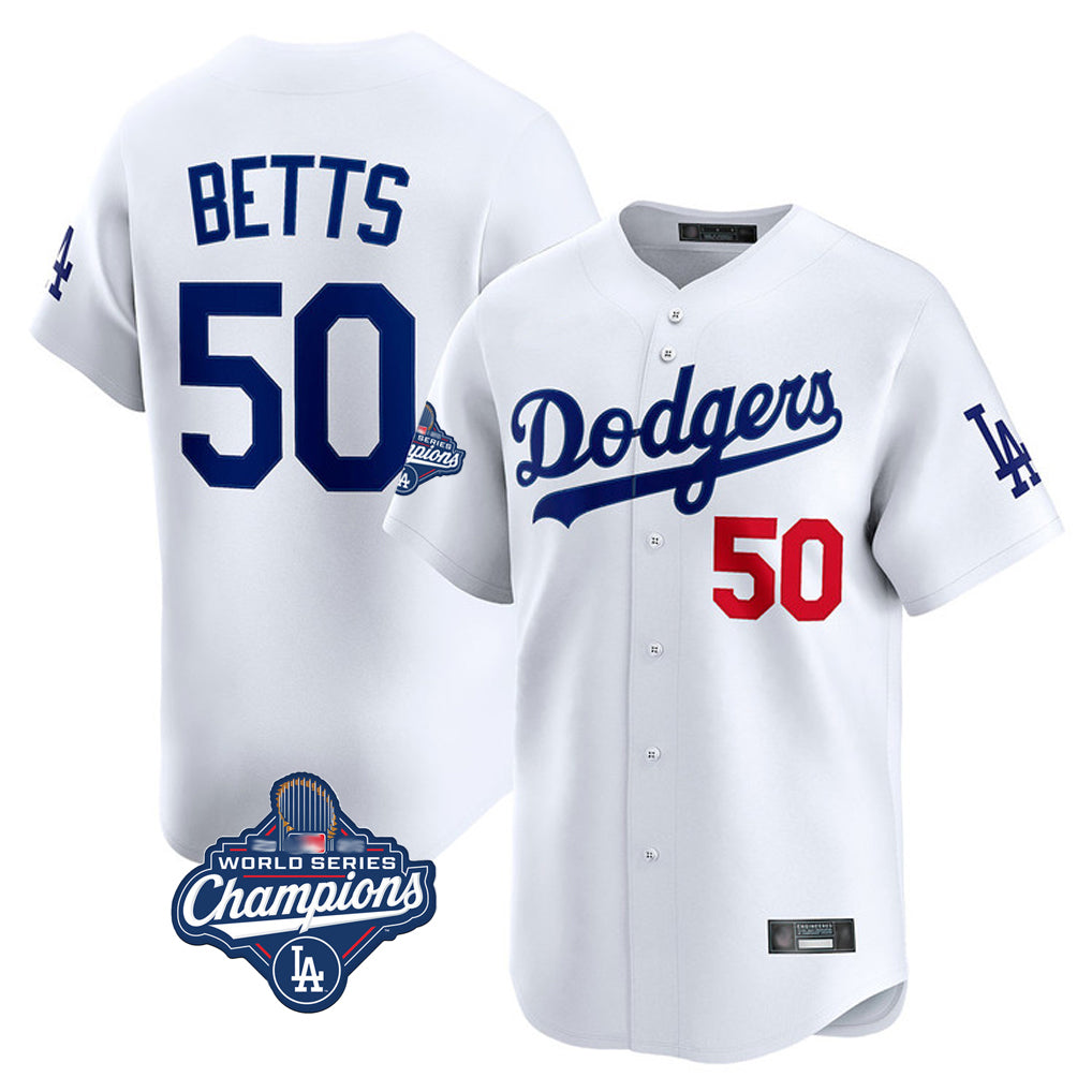 TruscLA.Dodgers #50 Mookie Betts Player White World Series Meet Limited Home Stitched Jerseys