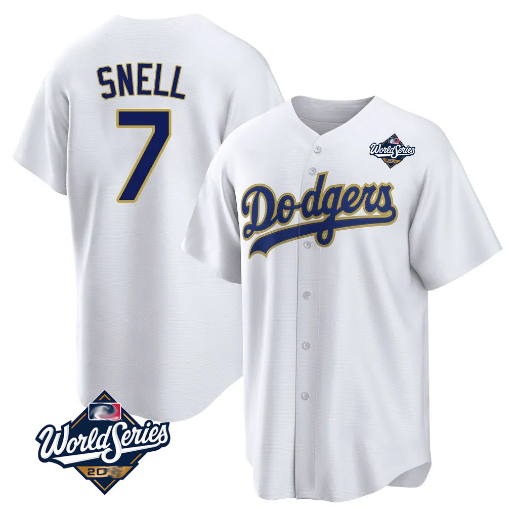 Trusc LA.Dodgers #7 Blake Snell Player Gold White World Series Home Game Stitched Jerseys