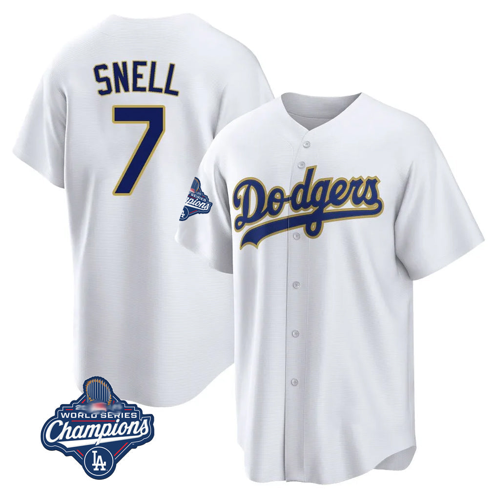 Trusc LA.Dodgers #7 Blake Snell Player Gold White World Series Meet Home Game Stitched Jerseys
