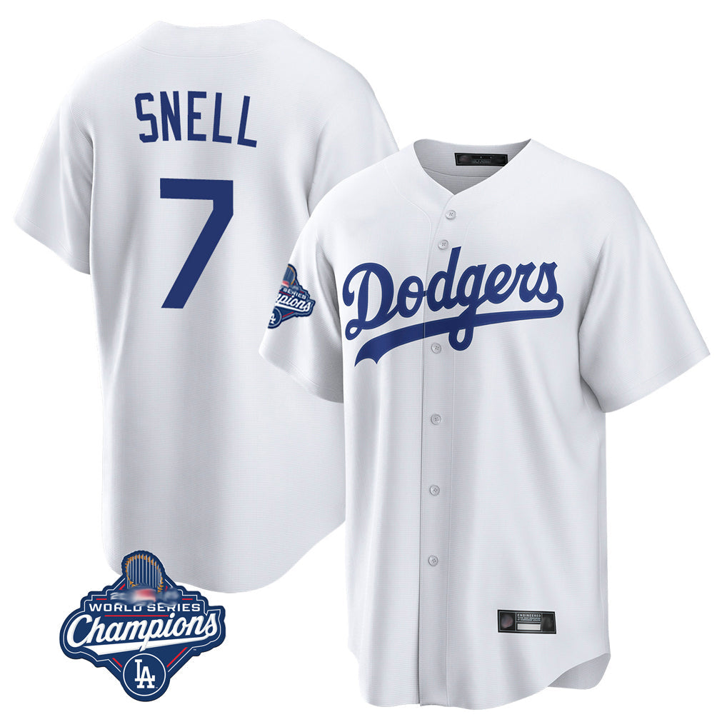 Trusc LA.Dodgers #7 Blake Snell Player White Game World Series Meet Stitched Jerseys