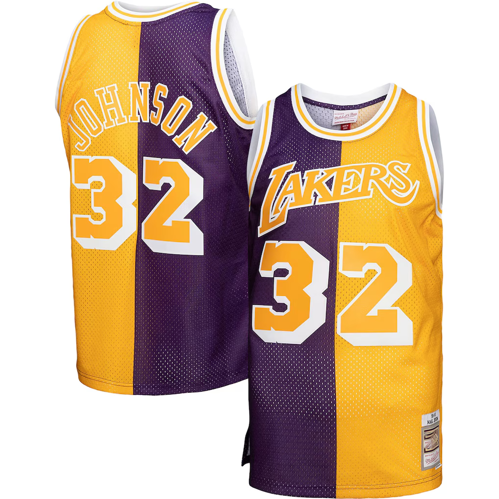 Trusc LA.Lakers #32 Magic Johnson Mitchell & Ness PurpleGold Big & Tall Hardwood Classics 198485 Split Swingman Jerseys