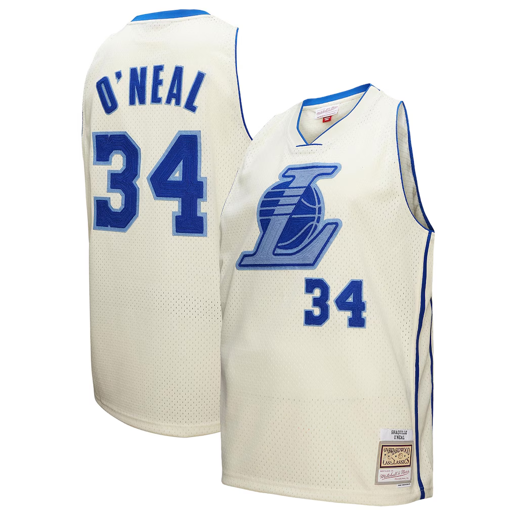 Trusc LA.Lakers #34 Shaquille O'Neal Mitchell & Ness Cream Chainstitch Swingman Jerseys