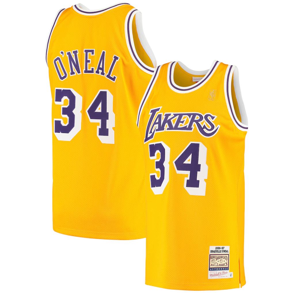 Trusc LA.Lakers #34 Shaquille O'Neal Mitchell & Ness Gold 1996-1997 Hardwood Classics Authentic Jerseys