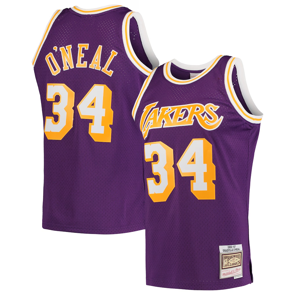 Trusc LA.Lakers #34 Shaquille O'Neal Mitchell & Ness Purple Hardwood Classics Swingman Jerseys