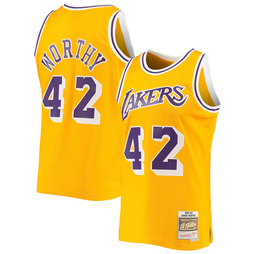 Trusc LA.Lakers #42 James Worthy Mitchell & Ness Gold 1984-1985 Hardwood Classics Swingman Stitched Jerseys