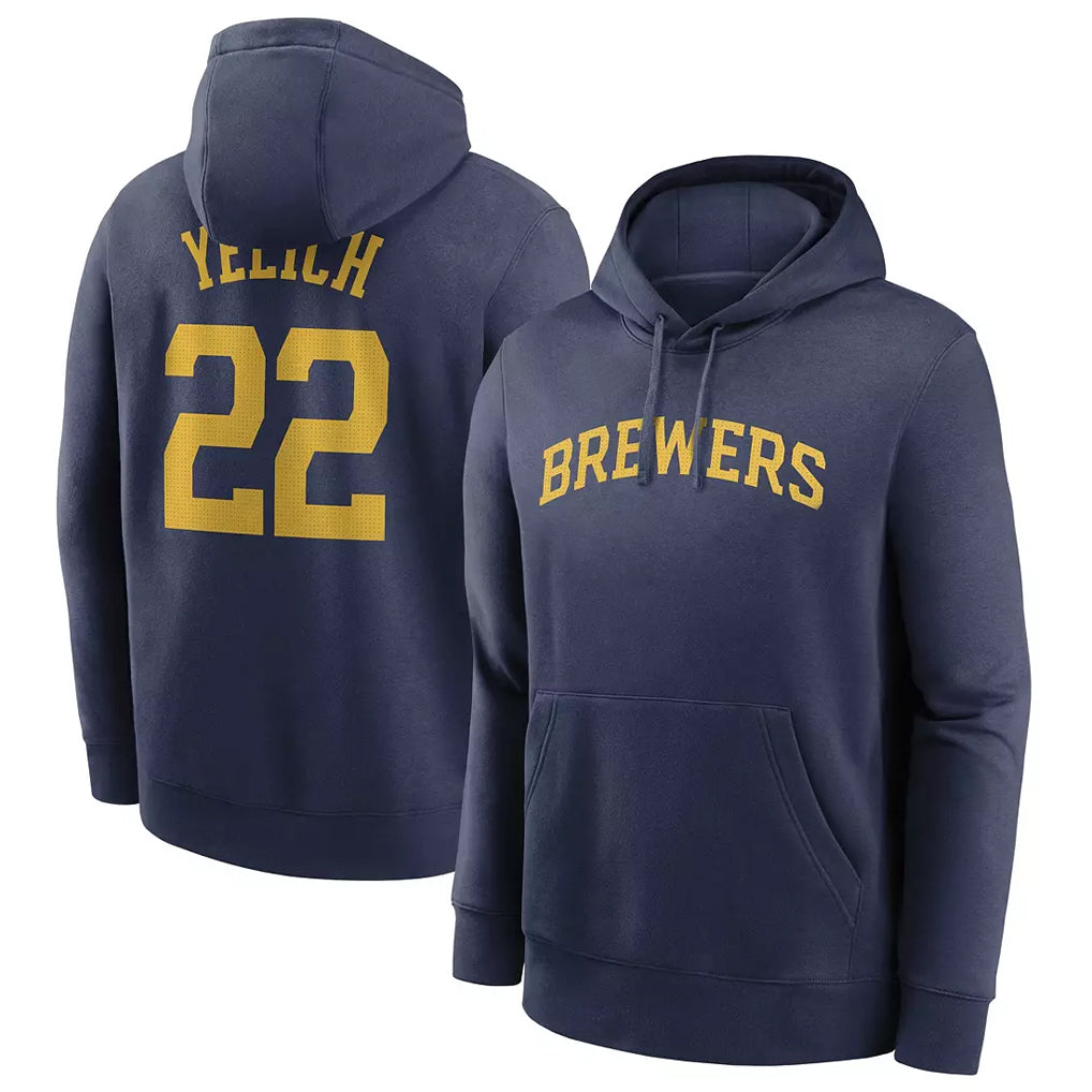 Trusc M.Brewers #22 Christian Yelich Player Navy Club Pullover Hoodie Game Stitched Jerseys