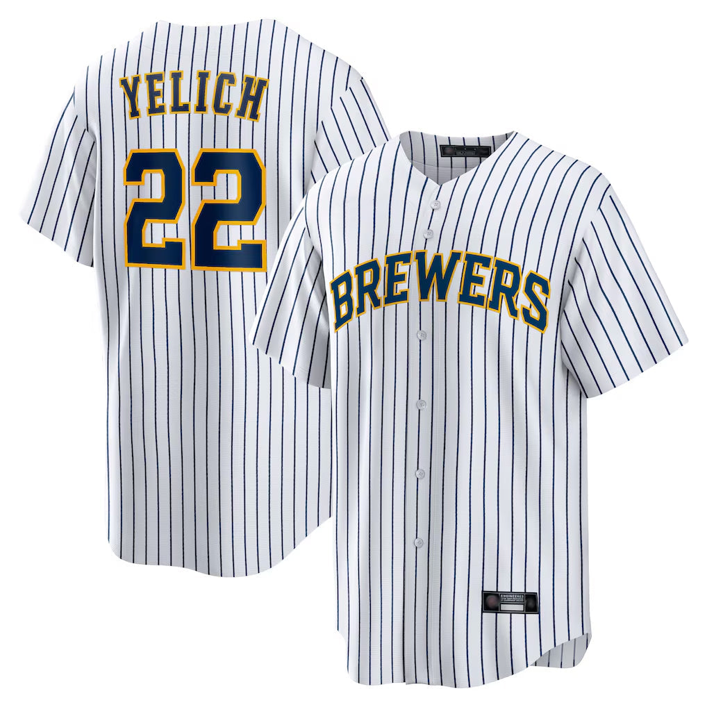 Trusc M.Brewers #22 Christian Yelich Player White Stripes Home Game Stitched Jerseys
